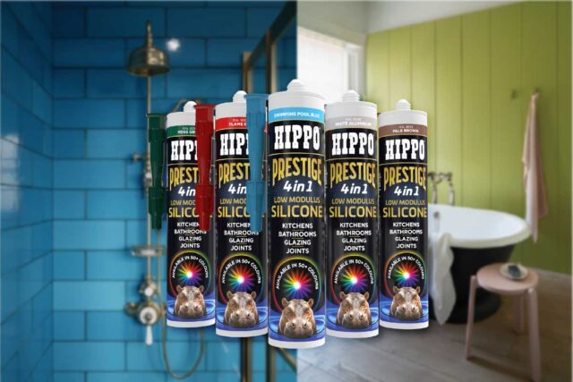 Selection of Hippo Prestige Silicone Sealants in a colourful bathroom