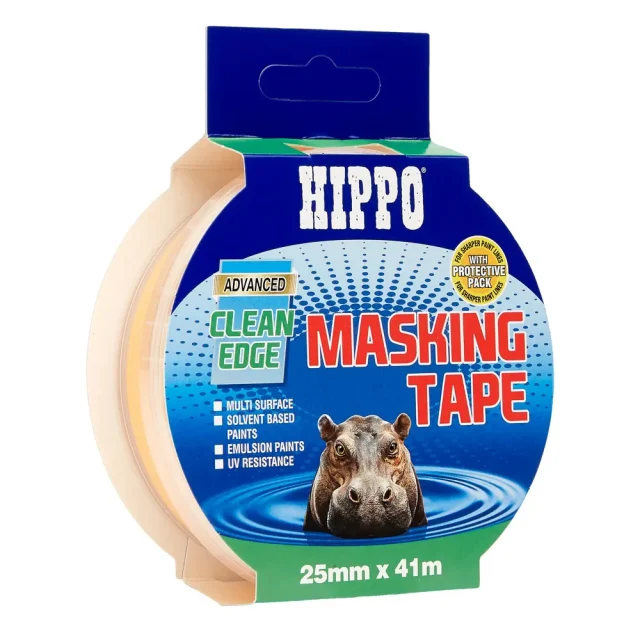 Roll of Hippo clean edge masking tape 25mm x 41m front left side view