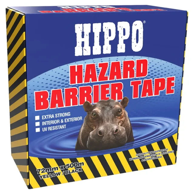Box of Hippo hazard barrier tape 72mm x 500m in yellow and black front left side view