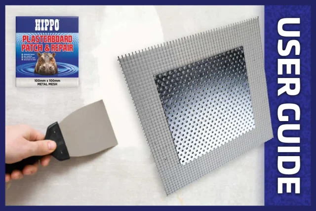 Image of a Hippo Plasterboard Patch & Repair kit including a metal mesh patch, a hand holding a putty knife. Packaged as a user guide.