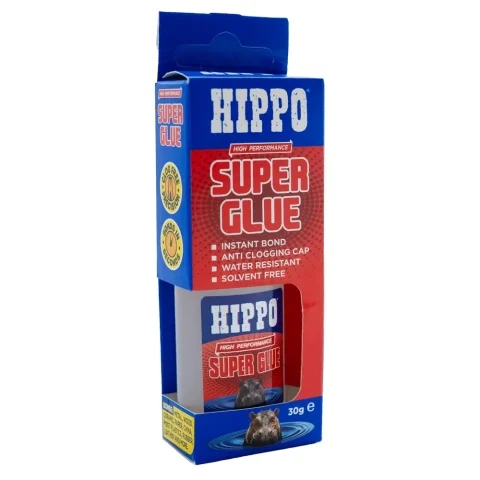 Cardboard blister pack containing 30g bottle of Hippo superglue