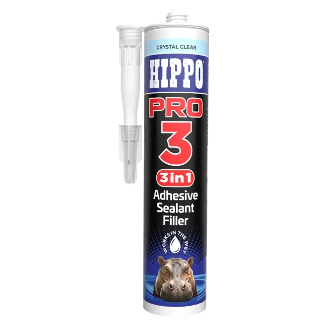 Cartridge of Hippo PRO3 adhesive, sealant and filler in crystal clear